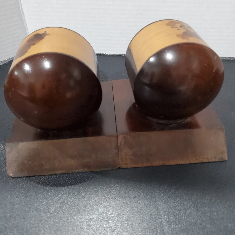 Brazilian Bookends Inlaid Wood MCM Vintage Globe Bookends Rare Curios L👀K